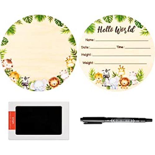 R HORSE Baby Birth Announcement Sign with Ink Pad Wooden Hello World Newborn Announcement Sign with Marker Pen, Double-sided Safari Animals Newborn Name Sign for Baby Shower Birthday