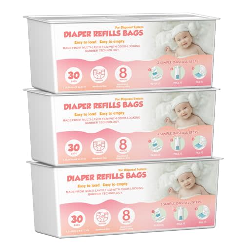Diaper Pail Easy Roll Refill Bags with 30 Bags Compatible with Genie Easy Roll Signature Diaper Pails, 7-Layer Odor-Barrier Technology,Lasts Up to 8 Months, 90 Bags (Pack of 3)