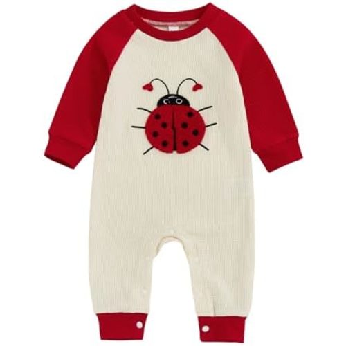 Karuedoo Newborn Baby Boy Girl Valentines Day Outfit Ladybug Embroidery Waffle Knit Long Sleeve Romper Jumpsuit Bodysuit