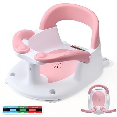 Baby Bath Seat for Babies Sitting Up with Temperature Alert+Soft Cushion+Suction Cup,Infant Bath Seat for Baby 6 Months & Up,Baby Bath Chair Toddler Bath seat for Bathtub Tub Pink