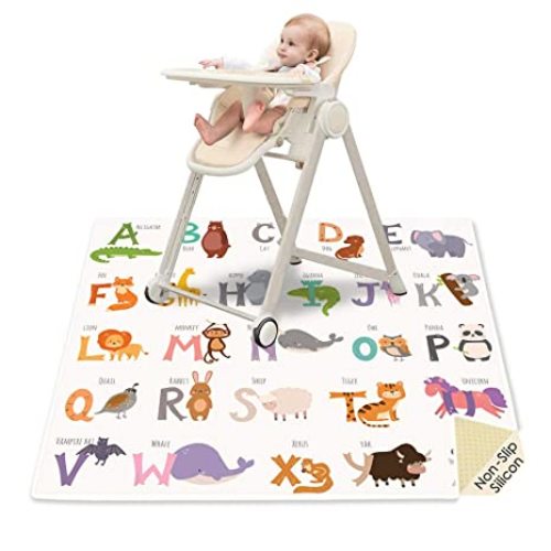Splat Mat for Under High Chair, 51" SI Anti-Slip Waterproof Multipurpose Splash Mat, Washable High Chair Mat Floor Protection Table Cloth Portable Picnic Play Mat with Early Education Pattern - White-letters