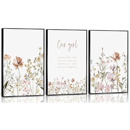 3 Pcs Wildflower Wall Art Poster print Girl Nursery Wall Decor Flower picture artwork Floral Botanical Painting for Baby Girl Nursery Office Inspirational Wall Decoration,Unframed16x24in