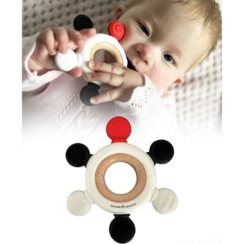 Beech Wood & Food-Grade Silicone Baby Teether Ring - Red, Black, and White - Teether Toys for Babies 0-6 Months