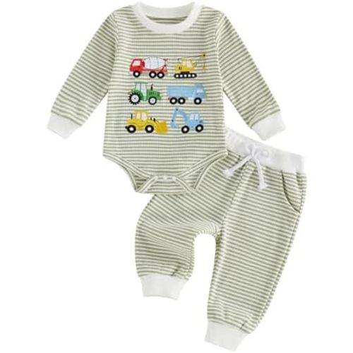 Baby Boy fall Clothes 3 6 12 18 Months Winter Outfit Waffle Truck Embroidery Long Sleeve Romper and Pants Sets