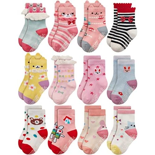 RATIVE Non Skid Anti Slip Cotton Dress Crew Socks With Grips For Baby Infant Toddler Kids Girls