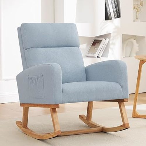 Rocking Chair Nursery, Modern Nursing Glider Rocking Chairs Comfy Rocker Armchair with Solid Wood Legs for Nursery Living Room, Bedroom (Blue)