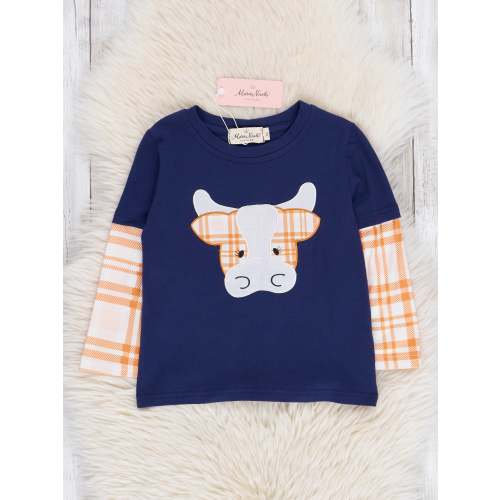 Navy & Orange Plaid Embroidered Cow Shirt