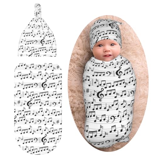Music Note Newborn Swaddle Blankets Baby Stuff Soft Swaddle Sack Swaddling Blanket with Beanie Sets Gifts For Infant Boys Girls