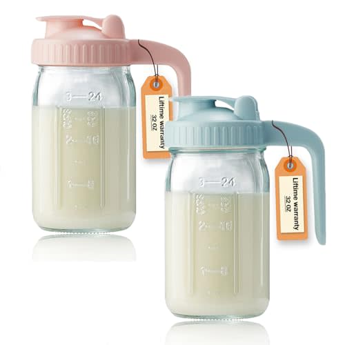 2 Pack 32oz Glass Pitcher with Lid & V-shaped Pour Spout - 1 Quart Double Leak Proof, Creamer Container for Sun Tea, Juice, Cold Brew Coffee, Breastmilk Storage Container