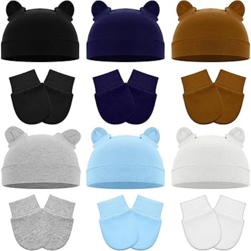 6 Set Newborn Hats and Mittens Cute Baby Newborn Gloves No Scratch Babies Boy Hats and Mittens Bear Baby Hat and Mitten Set for Toddlers, Infant, Babies Boy Girl Essentials Colorful