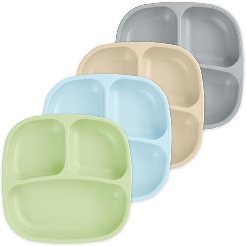 Re-Play Toddler Plates with Dividers - Deep-Walled 3 Compartments Divided Plates for Kids - Dishwasher & Microwave Safe - Made in USA - Set of 4-7.37" x 7.37" x 1.25" - Meadow