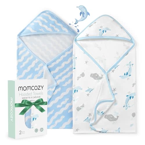 Momcozy Baby Towel with Hooded-Original Design Baby Towel Set -Soft & Absorbent- Shower Gifts or Bath Essential for Infant, Newborn, Toddler, Marine Sea Whale Seal Waves Magic