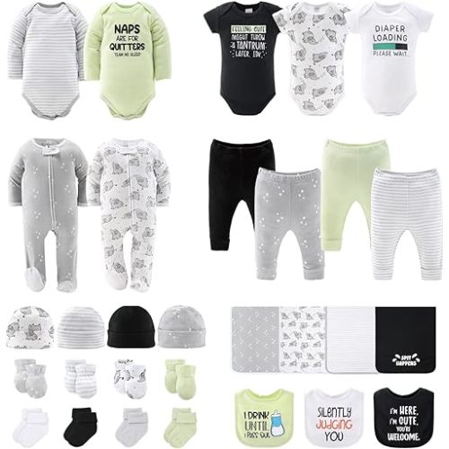 The Peanutshell Baby Layette Gift Set for Baby Boys or Girls - 30 Piece New Born Gift Set, Clothes & Newborn Essentials Must Haves - Clothes 0-3 Months - White, Black & Green