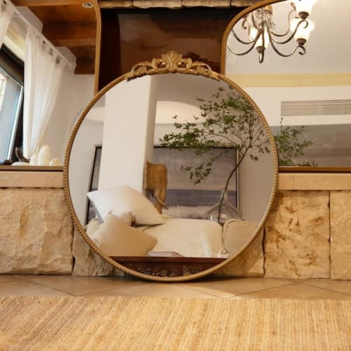 32 in. W x 30 in. H Vintage Antique Gold Round Ornate Metal Frame Decorative Wall Mirror