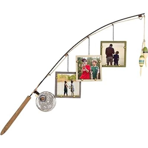 Young's Inc. Wood Fishing Pole Picture Frame Display with Three 4” x 4” Frames - Wall Decor – Hanging Picture Frames