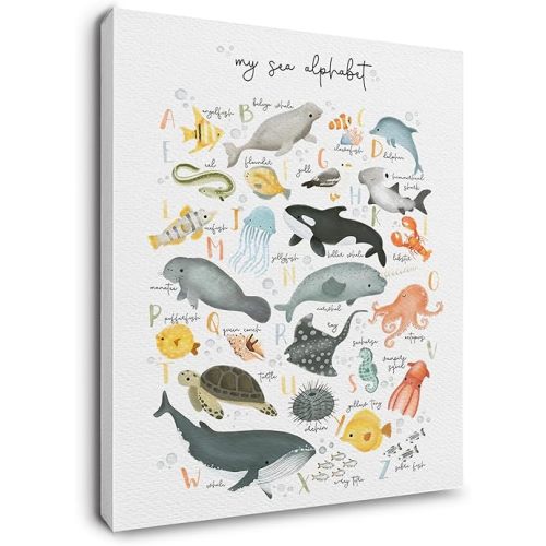 Ryeolo Sea Animals Alphabet Wall Art, Sea Animals Canvas Wall Art, Nursery Sea Animals Alphabet Wall Art, Ocean Animals Pictures Wall Decor, Ocean Animals Decor 12X16 Inches