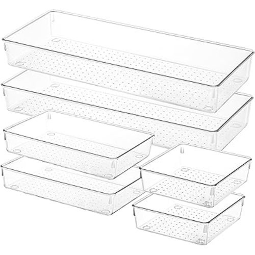 Voova 6 Pack Plastic Drawer Organizers Set,3-Size Kitchen and Office Desk Drawer Organizer Trays, Acrylic Non Slip Storage Bin Divider for Makeup,Jewelry,Gadgets Utensils,Bedroom,Bathroom Vanity,Clear