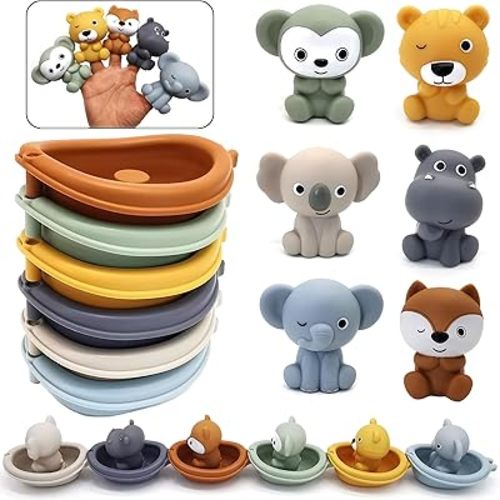 Bath Toys Floating Boats, 12 Pcs Bath Toys for Babies 6-12-18 Months - Soft, Bath Pool Toys for Toddler, Stacking Toys , Silicone Finger Puppets Animal Bathtub Toys for 1-3 Year Old Boy Girl Kids (12)