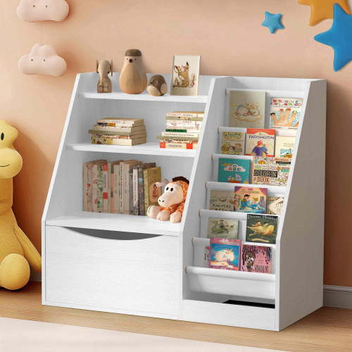 Masiis Bookshelf with Flip-Top Drawer,4 Tier Bookcase Toy Storage Organizer with 6 Layer Sling Bookshelf for Playroom Bedroom,White