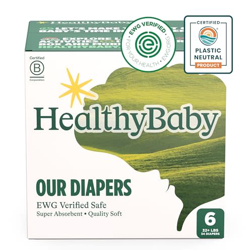 HealthyBaby Our Diapers | EWG Verified Safe & Plant-Based Diapers | Leak Protection | Soft Organic Cotton Shell | Chlorine-Free Diaper for Sensitive Skin | Size 6 (Over 32 lbs) 34 Count