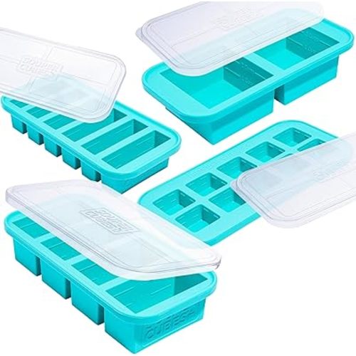 Souper Cubes Silicone Freezer Molds Gift Set with 2 Tbsp, 1/2, 1, and 2 Cup Silicone Freezer Trays With Lids - Meal Prep and Kitchen Essentials Bundle - Aqua