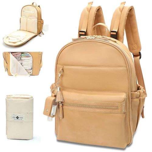 miss fong Diaper Bag Backpack Leather Diaper Bag, Baby Diaper Bag for Baby, 16 Pockets Diaper Bag Organizer with Hand Sanitizer Holder, Changing Pad, 2 Insulated Pockets(Peanut)