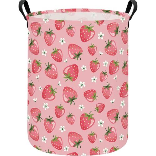 Storage Basket, Nursery Hamper Canvas Laundry Basket Foldable with Waterproof PE Coating Large Storage Baskets for Kids Boys and Girls, Office, Bedroom, Clothes,Toys(strawberry)