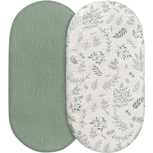 Muslin Bassinet Sheets 2 Pack for Baby Boy and Girl, Breathable Elastic Cozy Fitted Cotton Bassinet Mattress Sheet, Universal Fit for Hourglass Oval and Rectangle Bassinet Mattress (Natural Leaves)