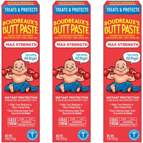 Boudreaux's Butt Paste Maximum Strength Diaper Rash Cream, Ointment for Baby, 4 oz. Tube, (Pack of 3)