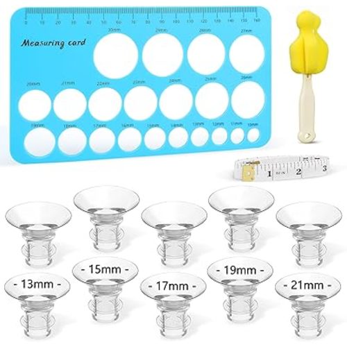 Flange Sizing Kit, 10PCS Breast Pump Flange Inserts 13/15/17/19/21mm with Nipple Measuring Ruler Cleaning Brush, Silicone Flange Sizer Measurement Tool, Breastfeeding Essentials for 24mm Most Pumps