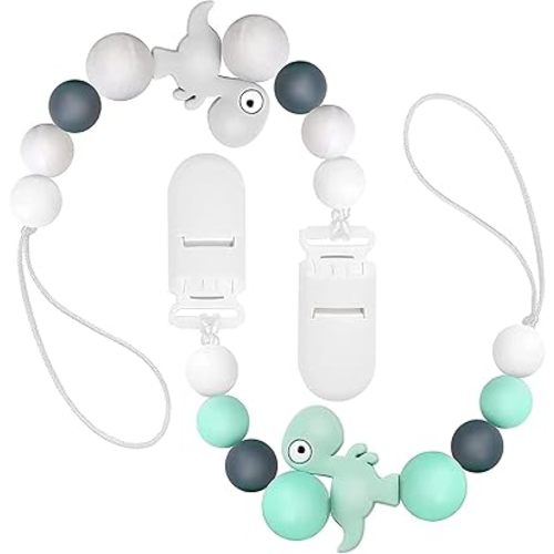 2 Pack Pacifier Clips Silicone Teething Beads Teether Toys for Baby Boys Girls Newborn, Dinosaur Soother Binky Clips Baby Shower and Baby Gift (Grey&Green)
