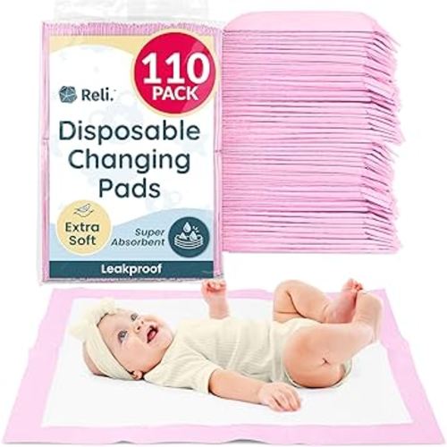 Reli. Disposable Changing Pads for Baby (110 Pack) | Disposable Diaper Changing Pads, 13" x 18" | Super Absorbent, Leak-Proof Liners | Waterproof, Quick Dry Underpads (Pink/White)