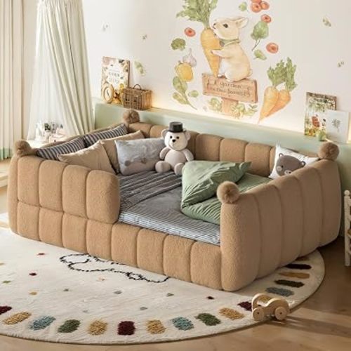 Kids Upholstered Floor Bed Full, Upholstered Floor Bed Frame with Padded Rails, Low-to-Ground Day Bed for Kids, Boys & Girls, Cozy Sleeping Area with Breathable Fabric, Natural