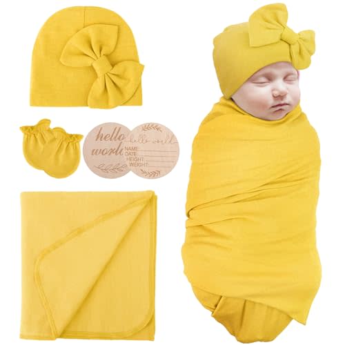 Newborn Receiving Blanket with Bow Hat Mittens Wooden Card Set Newborns Toddler Baby Boy Girl Nursery Swaddle Wrap
