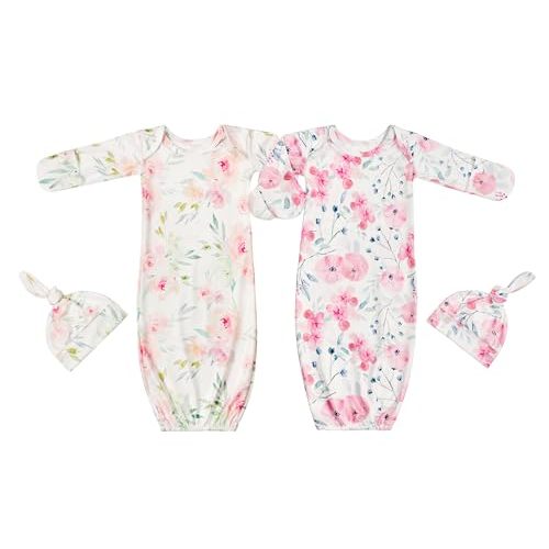 Giggle Angel Newborn Baby Sleeper Gown with Hat Knotted Gown Nightgown Coming Home Outfits for Baby Girl 2 Pieces Set