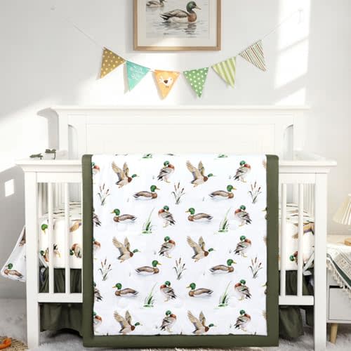 Mallard Duck Baby Crib Bedding Set for Boys, 4 Piece Green Baby Bedding Include Crib Skirt, Comforter, Fitted Sheet, Diaper Stacker