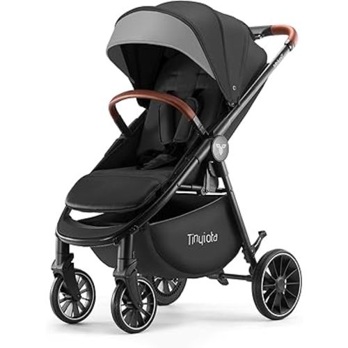 Tinyiota Baby Stroller, Infant Stroller with Large UPF 50+ Canopy,Luxury Pram Strollers with Leather Handle & Spacious Seat, One-Hand Foldable Pushchair, Toddler Carriage with Lie-Flat Mode(Black)