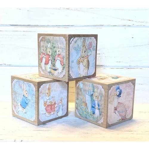 Beatrix Potter Baby Shower - Wood Blocks - Peter Rabbit - Nursery Room Decor - Benjamin Bunny - Shelf Decor - 2 Inch Blocks