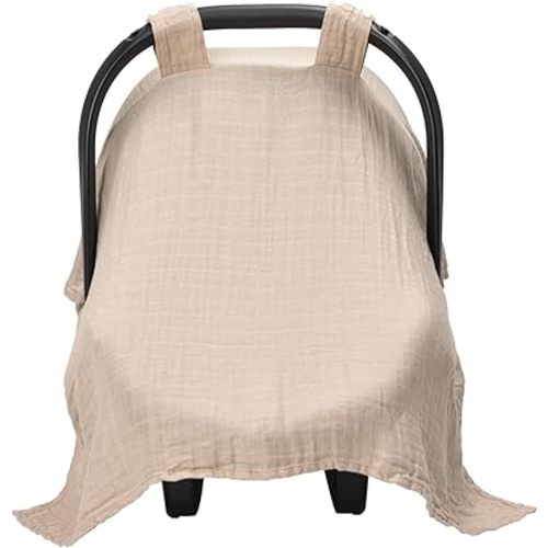 Meracorallo Muslin Baby Car Seat Cover, Lightweight Breathable Soft Infant Carrier Cover Carseat Canopy for Baby Boys and Girls, Beige