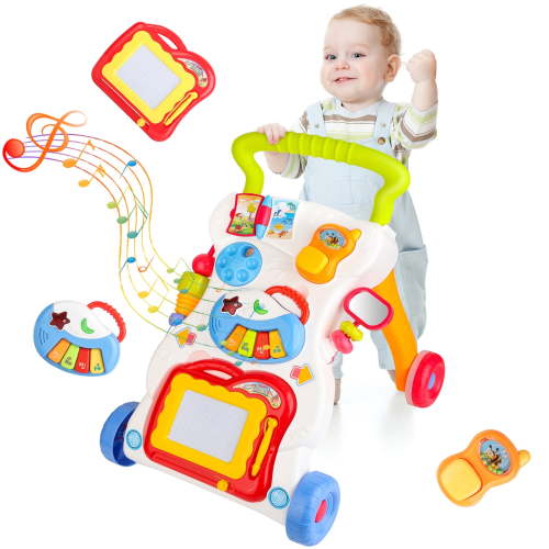 3 in 1 Baby Walker with Drawing Board, Kids Activity Center, Sit to Stand, Lights, Music, Early Learning Push Toys, Multifunctional Removable Play Panel, Toy Christmas Gift for Infant Boys Girls