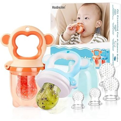 HAOBAOBEI Baby Fruit Feeder/Fresh Food Feeder Pacifier-2Pack Forage Feeder for Infants, BPA Free with 3 Sizes Extra Silicone Pouches, Mesh Teethers for Babies 6-12 Months Christmas Birthday Gifts