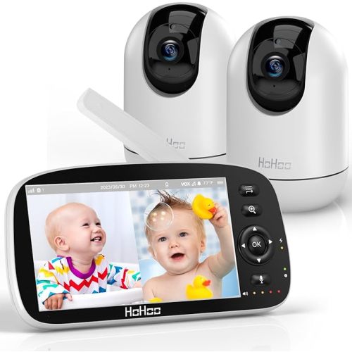 HOHOO Baby Monitor with 2 Cameras, 5" 720P HD Split Screen, 30 Hours Battery Life Baby Monitor with Camera and Audio|Remote PTZ, Two-Way Audio, Zoom, Night Vision, Lullabies, 960ft Long Range - RE720V2