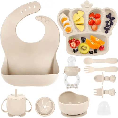Silicone Baby Feeding Set, 10 Pcs Baby Led Weaning Supplies Suction Bowl Divided Plate Baby Bibs Fruit feeder Baby Spoons Forks Sippy Cup Toddler Utensil Sets Baby Essentials for Newborn Gift