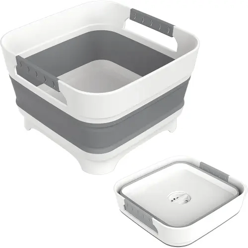 2.4 Gal Collapsbile Wash Basin with Drian Plug,9L Dish Pan for Soaking Baby Bottles,Portable Sink, Multiuse Foldable Bucket,Ice Beverage Tubs for Camping, Vegetable Washing, RV (Gray)