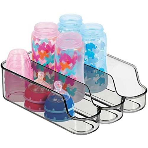 mDesign Small Plastic Kitchen Storage Divided Bin for Child/Kids Supplies - 3 Compartments to Organize Baby Food Jars, Pouches, Bottles, Sippy Cups, Cans, Pacifiers, Shampoo - Smoke Gray