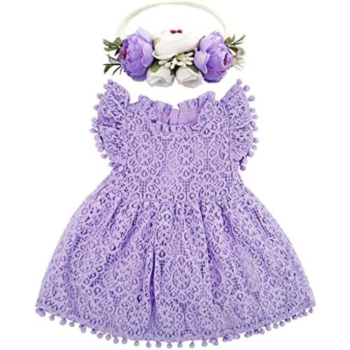 BGFKS Baby Girl Tutu Dress Elegant Lace Pom Pom Flutter Sleeve with Flower Headband Set