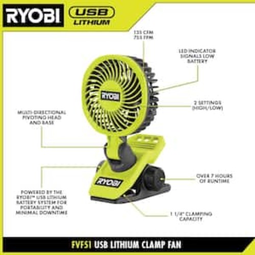 USB Lithium Clamp Fan Kit with 2.0 Ah USB Lithium Battery and Charging Cable