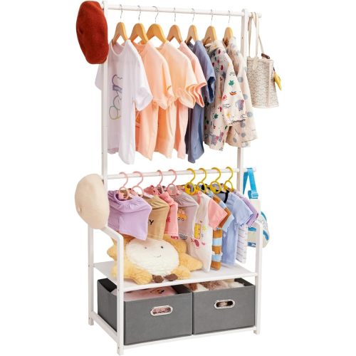 Kids Clothing Rack Bamboo with 2 Storage Baskets and 2 Adjustable Hanging Rods,Child Garment Holder with Shelf, Dress up Stand for Playroom,Toddlers Bedroom (White)