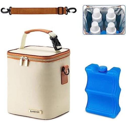 Breast Milk Cooler Bag with Ice Pack Fits 4 Baby Bottles Up to 9 Ounce, Baby Bottle Bag with Shoulder Strap for Nursing Mom Daycare, Cream
