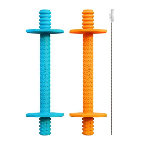 Hollow Teething Tubes - Baby Teething Toys for Babies 0-6 Months, Teething Toys for Babies 6-12 Months - Baby Teether, Teething Straws, Teething Sticks (Blue/Orange)